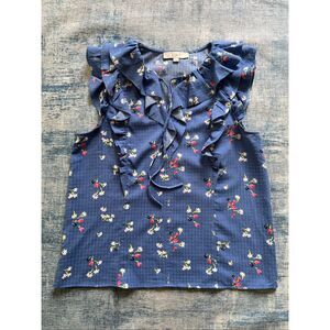 Loft Blue White Pink Floral Ruffle Tie Neck Blouse Women's Medium